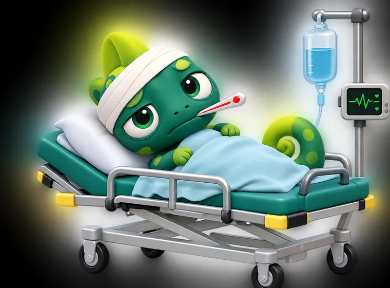 Nasho, la mascota de NashoLingue, recostado en una camilla de hospital con una venda en la cabeza, un termómetro en la boca y conectado a un suero.